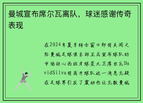 曼城宣布席尔瓦离队，球迷感谢传奇表现