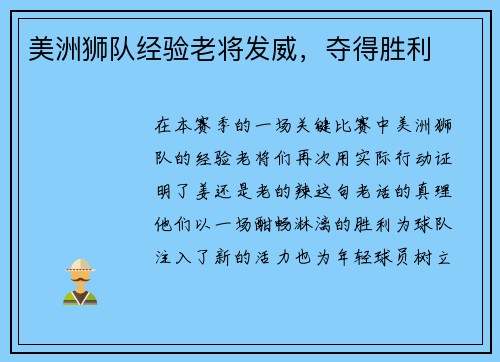 美洲狮队经验老将发威，夺得胜利