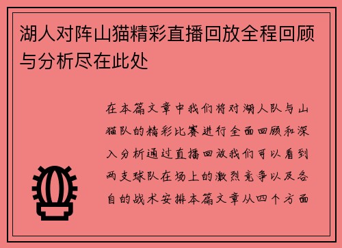 湖人对阵山猫精彩直播回放全程回顾与分析尽在此处