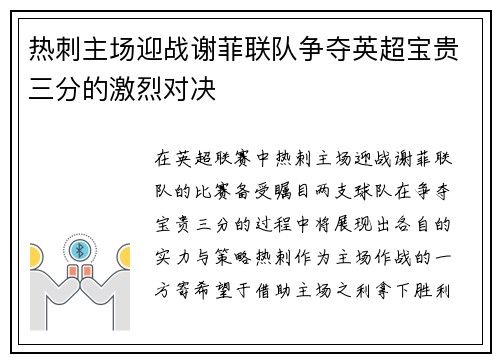 热刺主场迎战谢菲联队争夺英超宝贵三分的激烈对决