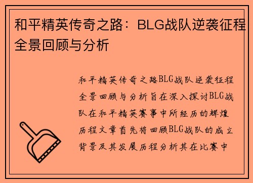 和平精英传奇之路：BLG战队逆袭征程全景回顾与分析